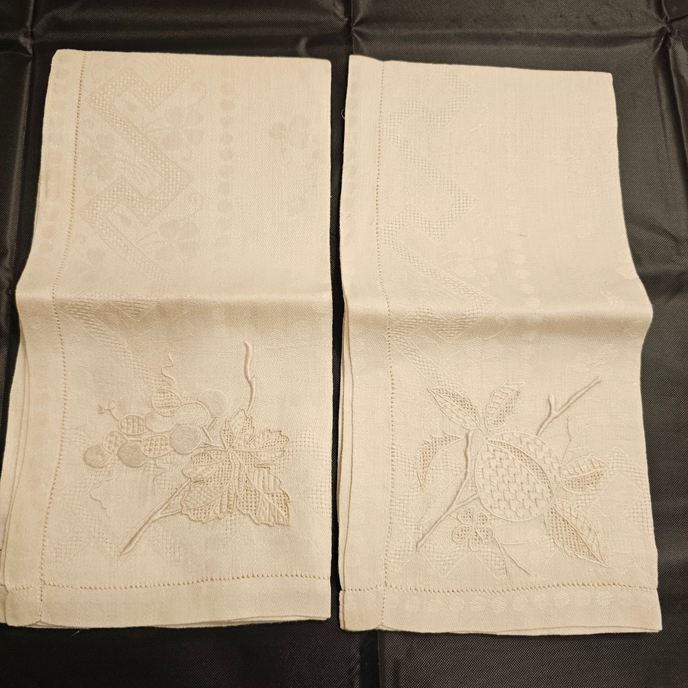 Vintage Cream Linen Napkins Hand Embroidered Fruit Damask Hemstitched Set of 2